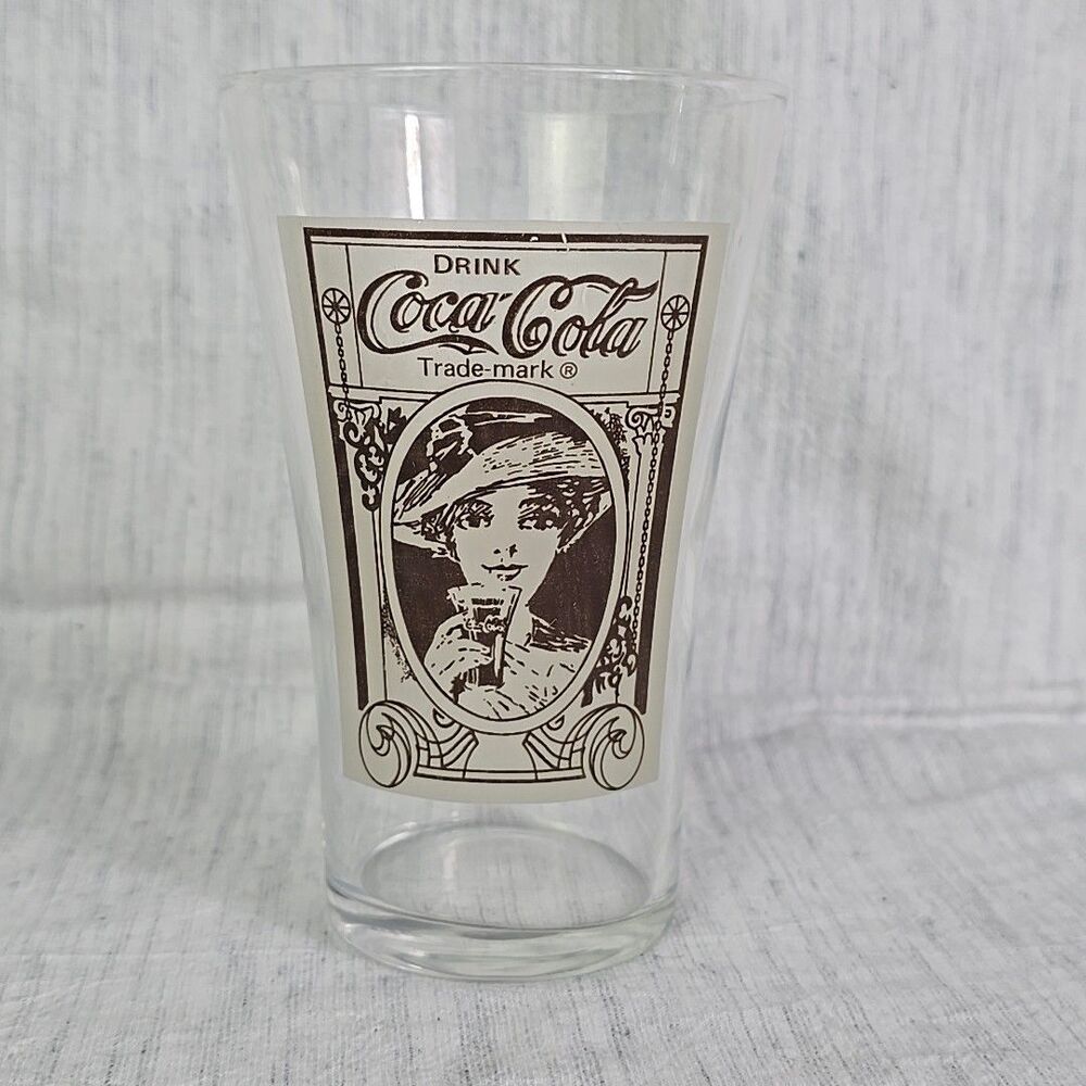 Vintage Coca Cola Gibson Girl Glass Tiffany Style Tumbler Brown White 6” Tall